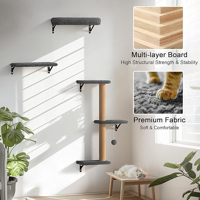 FUKUMARU Cat Wall Shelves, Stable & Safe 4 in 1 Cat Furniture Set, Wooden Climbing Wall with Scratching Post for 16 Inch Drywall - Gray