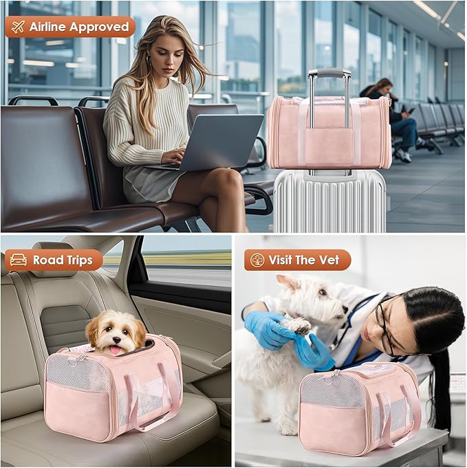 Fashion Leather Dog Carrier, Airline Approved Cat Carrier Soft Sided Pet Bag Carrier Purse for Puppy Kitten Small Animals Pink