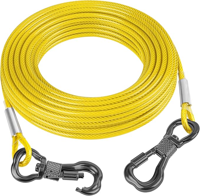 Tresbro 30FT Reflective Tie Out Cable for Dogs Up to 250 Pounds, Steel Wire Lead Leash Cable with Stainless Rotatable Buckle, Lightweight and Enduring, Dog Chains Outside for Outdoor, Yard, Yellow