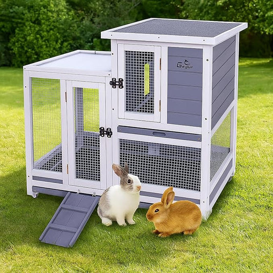 GEGURI Rabbit Hutch, Two-Story Indoor Bunny Cage, Outdoor Guinea Pig Cages for Small Animals with Wheels, Removable Tray