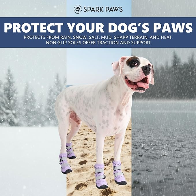 Spark Paws Dog Shoes, Waterproof Dog Boots for Medium to Large Dogs, Non Slip, Breathable Dog Booties and Paw Protectors - 4PCS Doggie Hiking Boots with Reflective Straps - Lilac - Size 4