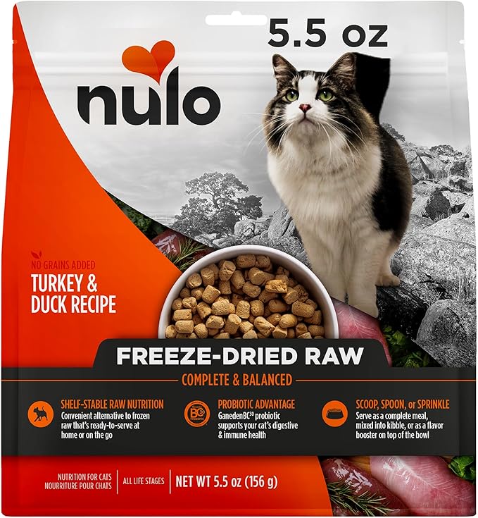 Nulo Freestyle Freeze-Dried Raw, Ultra-Rich Grain-Free Dry Cat Food for All Breeds and Life Stages with BC30 Probiotic for Digestive and Immune Health, Turkey & Duck, 5.5 Ounce