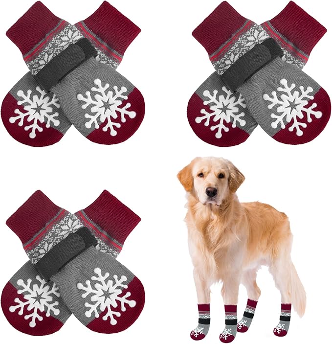 BEAUTYZOO Christmas Winter Anti-Slip Dog Socks with Grips Traction Control for Small Medium Large Dogs, Non Skid Indoor Double Side Pet Paw Protector for Hardwood Floor Wear, Snowflake L