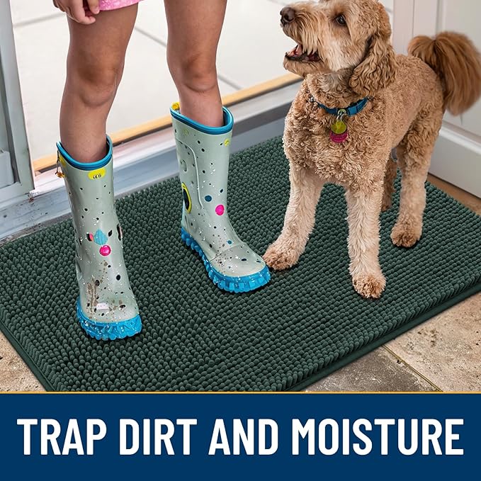 Smiry Dog Door Mat for Muddy Paws 48x30, Absorbs Moisture and Dirt Doormat, Non-Slip Washable Quick Dry Chenille Front Door Mat Indoor Entrance, Entryway Carpet for Inside Floor, Green