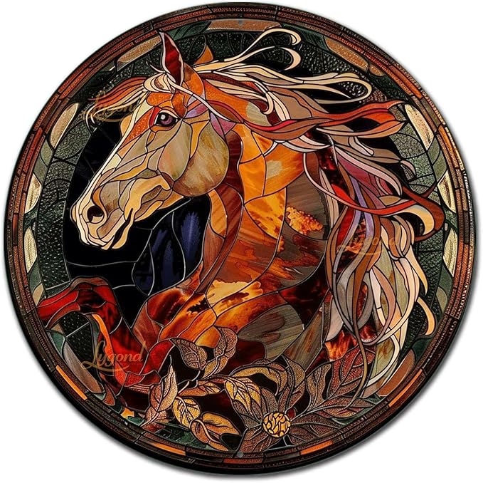 Lygond Metal Sign Tin Sign Circular Stained Glass Horse Metal Signs Vintage for Restaurant 12×12 Inches