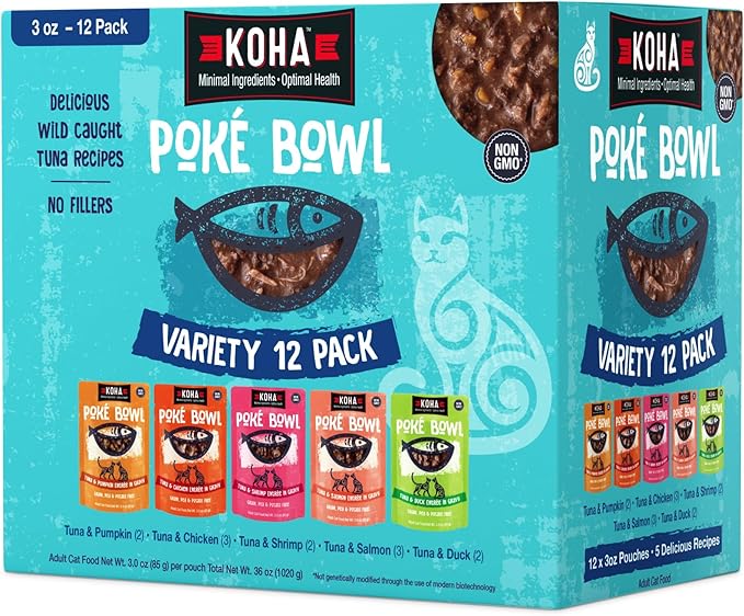 KOHA Poké Bowl Cat Variety Pack, Wet Cat Food in Gravy - 7 Flavors - Tuna Combinations of Salmon, Chicken, Lamb, Duck, Shrimp, and More - 3 oz Pouches, Pack of 12