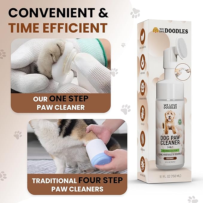 Dog Paw Cleaner (Over 100+ Feet Cleanings) No-Rinse Dog Foot Washer, Gentle and Safe Paw Cleaner for Dogs and Cats, Foam Formula, Moisturizes and Deodorizes, 150mL (Coconut) [We Love Doodles]
