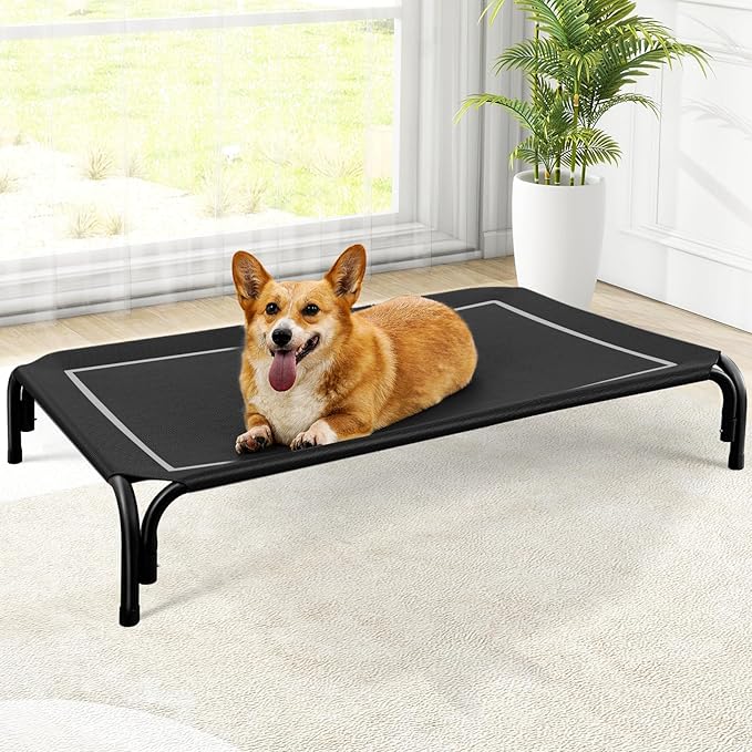 Elevated Dog Bed, Raised Outdoor Dog Bed for Medium Sized Dog, Portable Cooling Pet Cot with Breathable & Washable Mesh, Indoor & Outdoor Pet Hammock with Skid-Resistant Feet.
