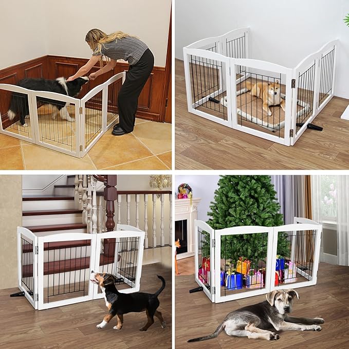 ZJSF Freestanding Dog Fence Indoor, Foldable Dog Gate for Doorways, Stairs or Hallways, Sturdy Wood Extra Wide Pet Gate with Support Feet for The House, White, 24 "Height-6 Panels
