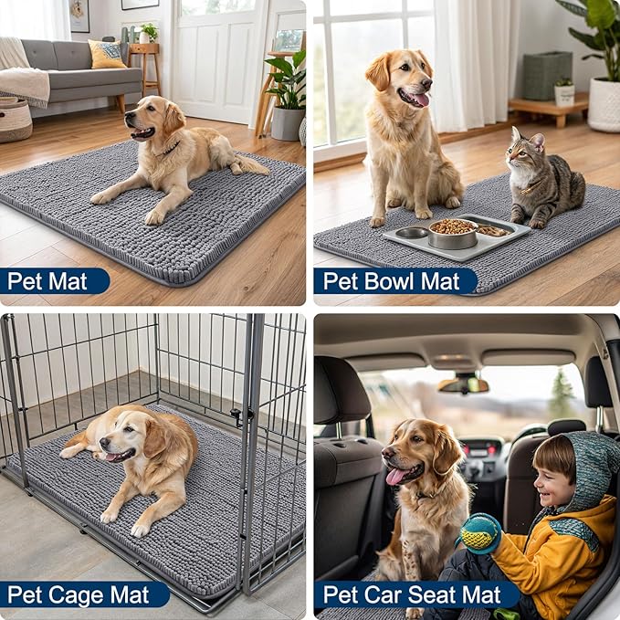 Smiry Dog Door Mat for Muddy Paws 44x32, Absorbs Moisture and Dirt Doormat, Non-Slip Washable Quick Dry Chenille Front Door Mat Indoor Entrance, Entryway Carpet for Inside Floor, Grey