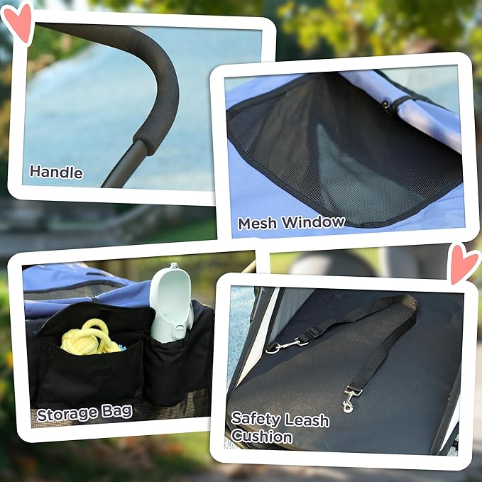 PawHut Dog Stroller, Pet Stroller 3 Wheels with Easy One-Hand Fold, Rubber Wheels, Storage Bag, Soft Cushion, Safety Leash, for Small & Medium Dogs, Blue