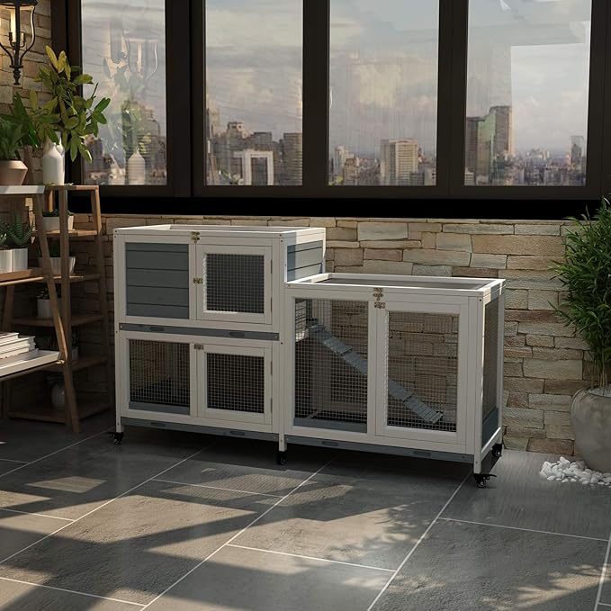 GDLF Two Floors 58" Wooden Indoor Bunny Hutch Rabbit Cage on Wheels Guinea Pig PET House for Small to Medium Animals Waterproof No Leak Tray