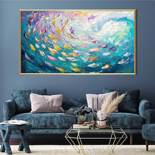 Fish Canvas Wall Art, Abstract School of Fish Canvas Wall Art, School of Fish Painting Canvas, School of Fish Wall Art, Fish Wall Decor, Fish Pictures Wall Decor, Bedroom Canvas Wall Decor (Gold Framed, 59"x33" | 150x84cm)