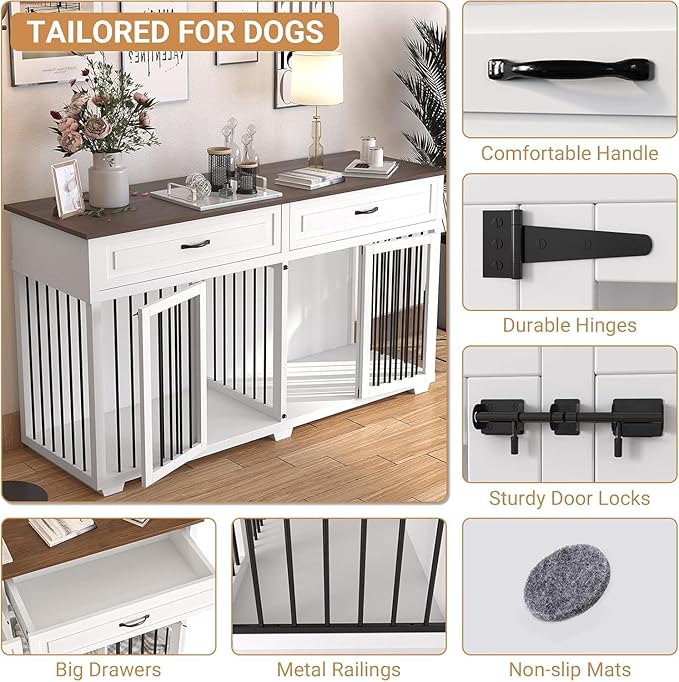 Large Dog Crate with Double Rooms, 72" Heavy Duty Wooden Dog Cage Furniture Dog Crate Kennel with Drawers & Removable Divider,Indoor Luxury Dog House for Large Dogs,White