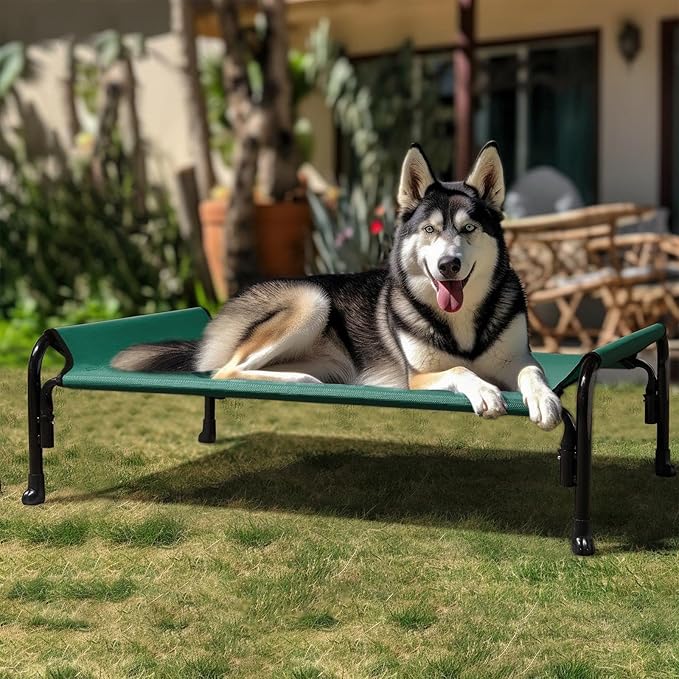Veehoo Elevated Dog Bed, Outdoor Raised Dog Cots Bed for Large Dogs, Cooling Camping Elevated Pet Bed with Slope Headrest for Indoor and Outdoor, Washable Breathable, X-Large, Green, CWC2204