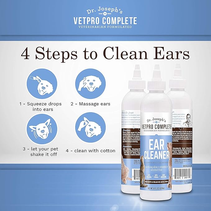 VetPro Complete Dr. Joseph's Dog Ear Cleaner, 8 Ounces, Gentle Dog and Cat Ear Rinse Solution Wash with Aloe Vera and Vitamin E, Dog Ear Drops to Remove Wax and Debris, Reduces Odor, Easy Applicator