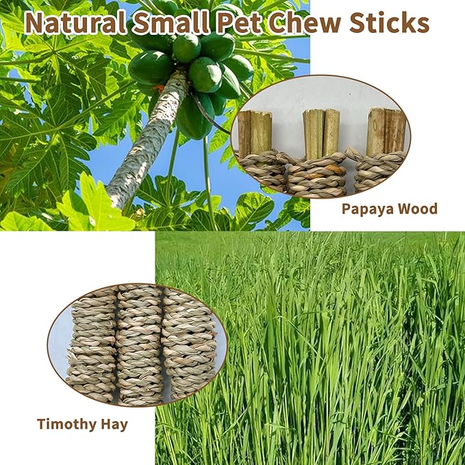 Fhiny 12 PCS Rabbit Chew Sticks, Natural Papaya Wood Seagrass Guinea Pig Chew Toys for Teeth Small Animal Molar Sticks Snacks for Bunny Guinea Pig Chinchilla Ferret Hamster Gerbil Dental Care