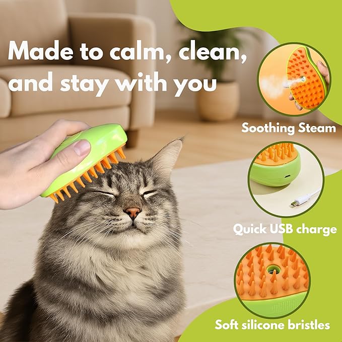 Cat Brush with Steam – Steam Cat Brushes for Indoor Cats | Pet Spray Hair Removal Comb & Relaxing Grooming Tool for Calmer, Happier Cats