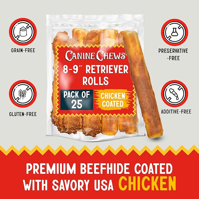 Canine Chews 8-9" Chicken Coated Dog Rawhide Retriever Rolls (25 Pack) - Chicken Rawhide Bones for Large Dogs - 100% USA-Sourced Chicken Coated Dog Rawhide Chews - Healthy Dog Dental Chew Rawhides