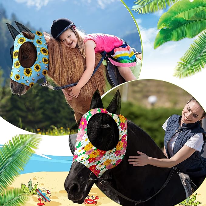 Frienda 4 Pieces Horse Fly Masks with Ears Face Covering UV Protection from Insect Pests Elasticity Smooth Comfortable Mesh Horse Mask Accessories(Flower,Medium)