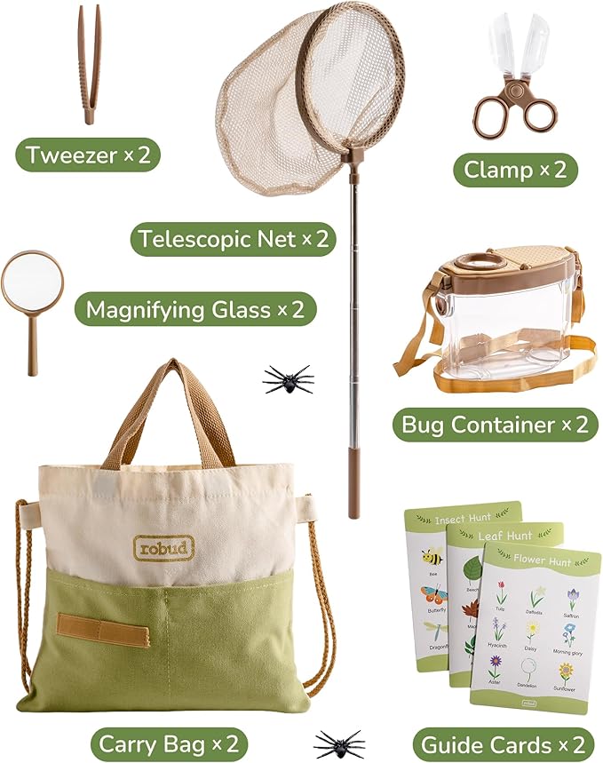 ROBUD Dual Kids Explorer Kit, Bug Catcher Kit with Bags Kit, Green Outdoor Exploration Set for Camping, Montessroi Toy for Kids Coming Closer to Nature，WRP29