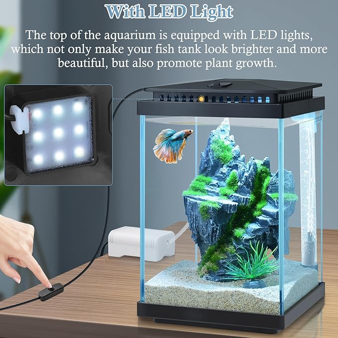 FEDOUR Small Glass Aquarium, 1 Gallon Desktop Fish Tank, Betta Fish Tank, Mini Aquarium Starter Kit with Air Pump LED Light Decoration Water Changer Fish Net (Black)