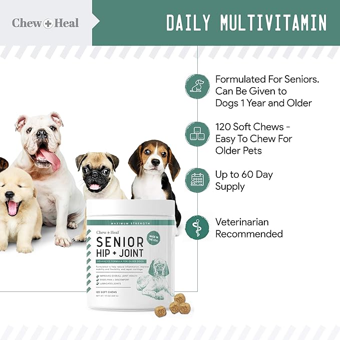 Glucosamine for Dogs Hip and Joint Supplement - 120 Soft Chews for Senior Dogs with Glucosamine, Chondroitin, MSM, Vitamin C, and Omegas - for Mobility, Cartilage, and Joint Health
