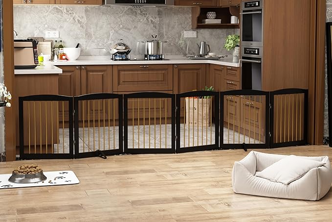 Freestanding Pet Gate for Dogs, Foldable Wooden Dog Gate for House, Extra Wide Indoor Pet Barrier for Stair, Doorway, Hall, Support Feet Included, 120 Inch Wide, 6 Panels 24",Black&Gold