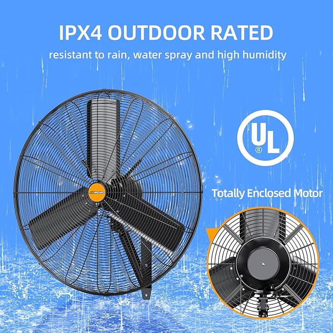24 inch Outdoor Oscillating Wall Mounted Fan, High Velocity IPX4 Waterproof 7600 CFM Industrial Metal Wall Fan, 2 Speed, Adjustable Tilt, for Greenhouse, Patio, Garage, Workshop
