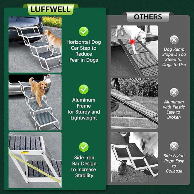 Dog Stairs for Car, Extra Wide Stairs for Large Dogs, Pet Steps Aluminum Foldable Dog Steps for Cars and SUV, High Beds, Trucks, Supports up to 200 lbs (Extra Wide-4 Steps)