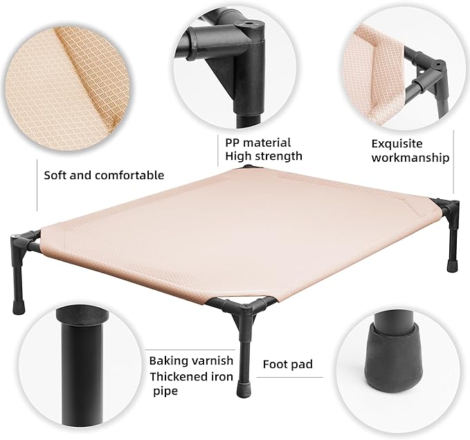 Soft Mesh Elevated Pet Bed for Large Medium Dogs Outdoor Resting Cot with Water-Resistant, Air-Permeable, Cooling and Anti-Skid Portable Dog Bed, Up to 120 lbs, 43.2" L x 31" W x 7.5" H, Beige