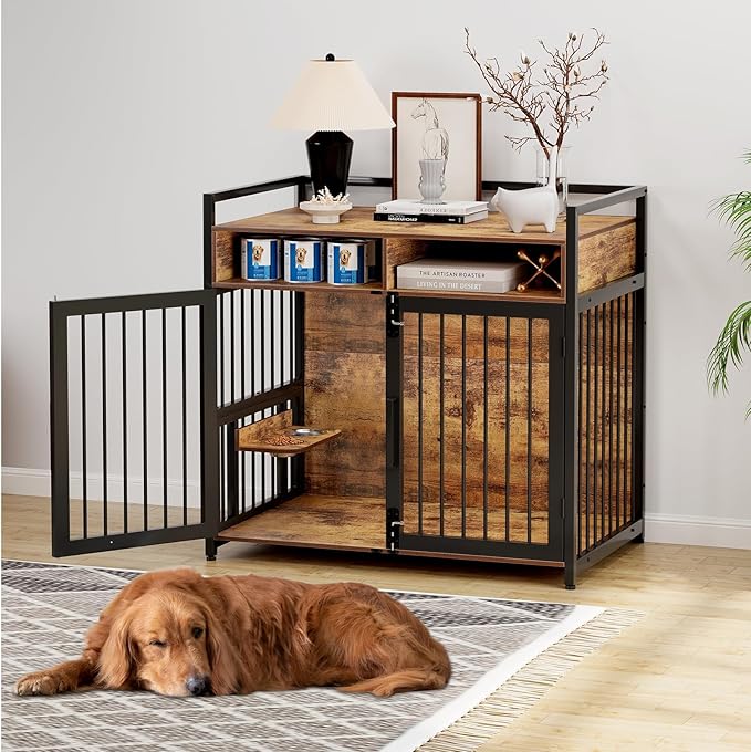 Large Dog Crate Furniture, 48 Inch Wooden Dog Crate, Heavy Duty Dogs Kennel with 2 Drawers Storage, 360° Adjustable Raised Feeder, Indoor Dogs House End Table