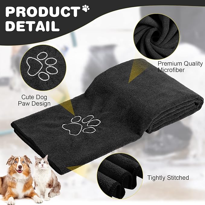 Chumia 4 Pack Dog Towels for Drying Large Microfiber Grooming Tools Absorbent Soft Bath Supplies with Embroidered Paw for Small Medium Pet Products(16 x 32 Inch,Black)