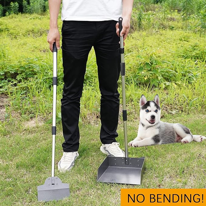 Pooper Scooper, Metal Aluminum Tray and Spade Poop Scoop Set with Adjustable Stainless Steel Long Handle, Pet Waste Removal Heavy Duty Poop Scooper (Small Tray&Spade)