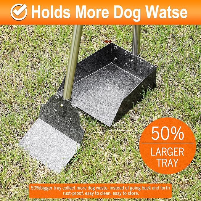 Dog Pooper Scooper for Large Dogs, Metal Aluminum Tray and Spade Poop Scoop Set with Adjustable Stainless Steel Long Handle, Pet Waste Removal Heavy Duty Poop Scooper
