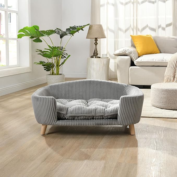 Christopher Knight Home Elroy Orthopedic Dog Bed, Elevated Dog Sofa Bed for Small Dog, Supportive Foam Pet Couch Bed with Wooden Legs, Modern Pet Sofa Bed, Gray
