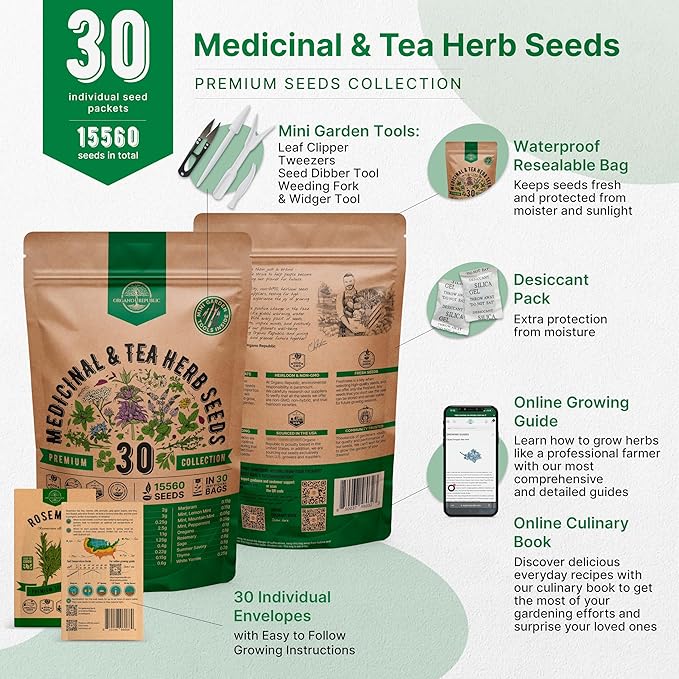 Organo Republic 30 Medicinal & Tea Herb Seeds Variety Pack 15,560+ Non-GMO Heirloom Garden Seeds for Indoor & Outdoors, Including Anise, Bergamot, Borage, Cilantro, Chamomile, Dandelion Seeds