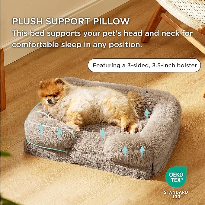 Bedsure Orthopedic Dog Beds for Small Dogs - Washable Small Dog Cat Bed Waterproof, Comfort Pet Couch Sofa with Washable Removable Cover, Pets Bed with Nonskid Bottom, Long Faux Fur-Taupe, 24"