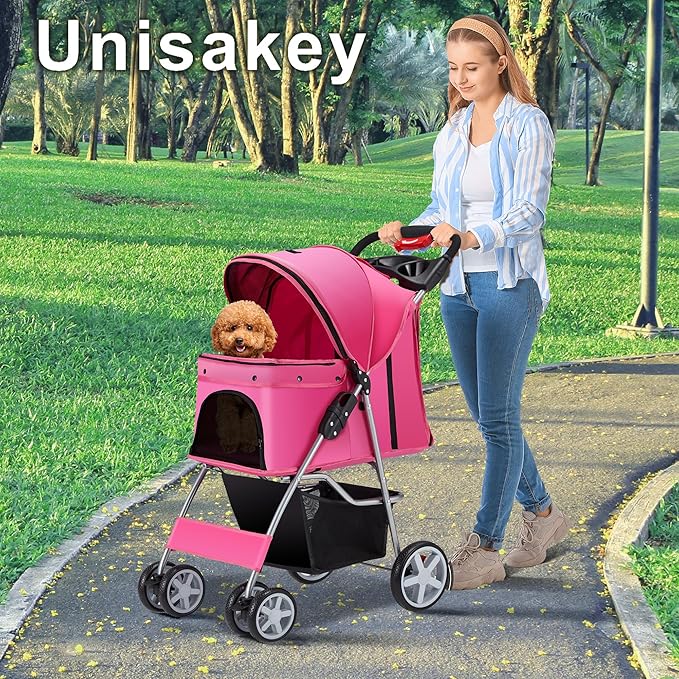 4 Wheels Pet Stroller for Small Medium Dogs Cats 10-33 lbs, Foldable Dog and Cat Stroller with Cup Holder & Storage Basket & Breathable Mesh, Pet Strolling Cart for All-Season, Pink