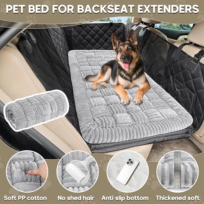 Dog Car Bed Mat, Non-Slip Backseat Extender Pet Blanket, Plaid Dog Bed for SUVs, Sedans & Trucks, Chew-Resistant Travel Pad for Dogs, Easy Clean & Scratch-Proof & Comfort (50"x24.6") Light Gray