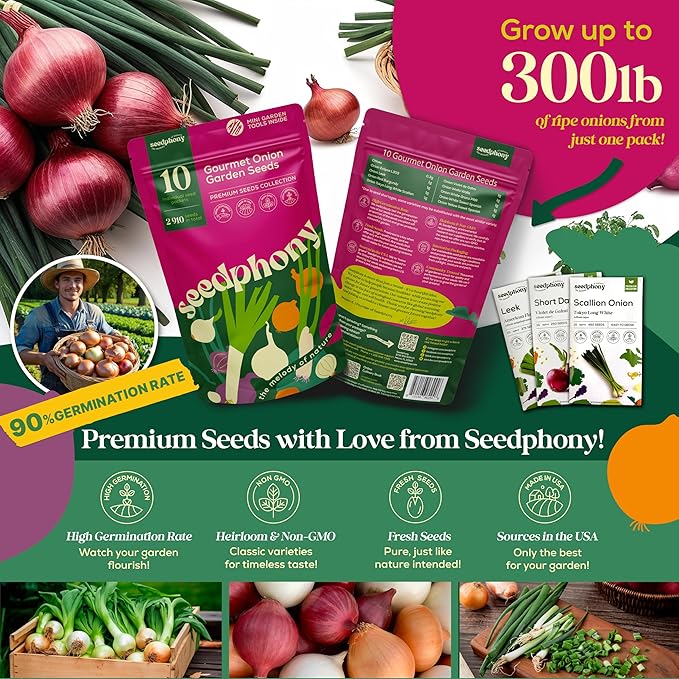 10 Gourmet Onion Seeds for Planting Variety Pack - 2,900+ Non-GMO Heirloom Vegetable Seeds for Growing Indoor & Outdoor: Red Burgundy, Leek, Walla Walla, Grano White & Yellow Sweet Spanish