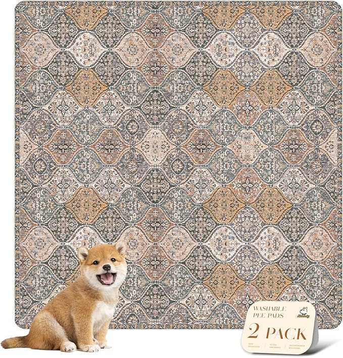 nunubaby Washable Pee Pads for Dogs, Stylish, Non-Slip and Leak-Proof Pee Pads. Reusable Potty Pads for Dogs for Crates and Floors.(Brown/Multi, 36" x36")
