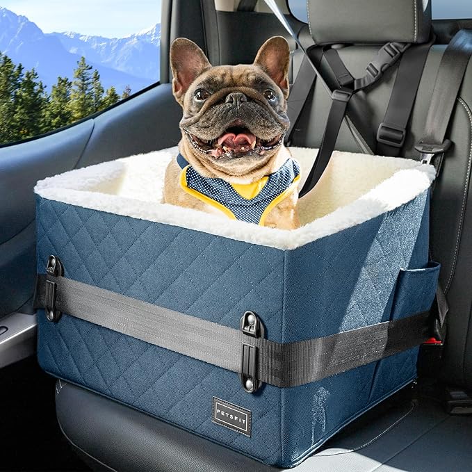 PETSFIT Pet Car Seat for Small Dogs, Soft Foam Dog Booster Car Seat with Patented Safety Buckles, Storage Pockets and Detachable Clip-On Safety Leash, Dog Carseat for Small Dogs Under 30 LBS (Blue)