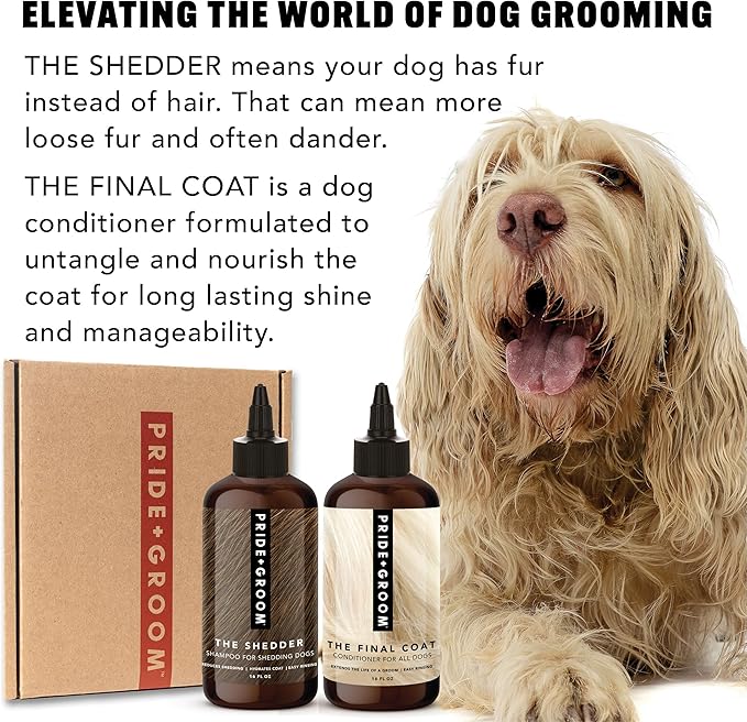 Pride and Groom The Shedder Box Set – Deshedding Dog Shampoo & Conditioner with All Natural Blend of Essential Oils & Ingredients to Moisturize & Untangle Curly and Wavy Coats – 32oz