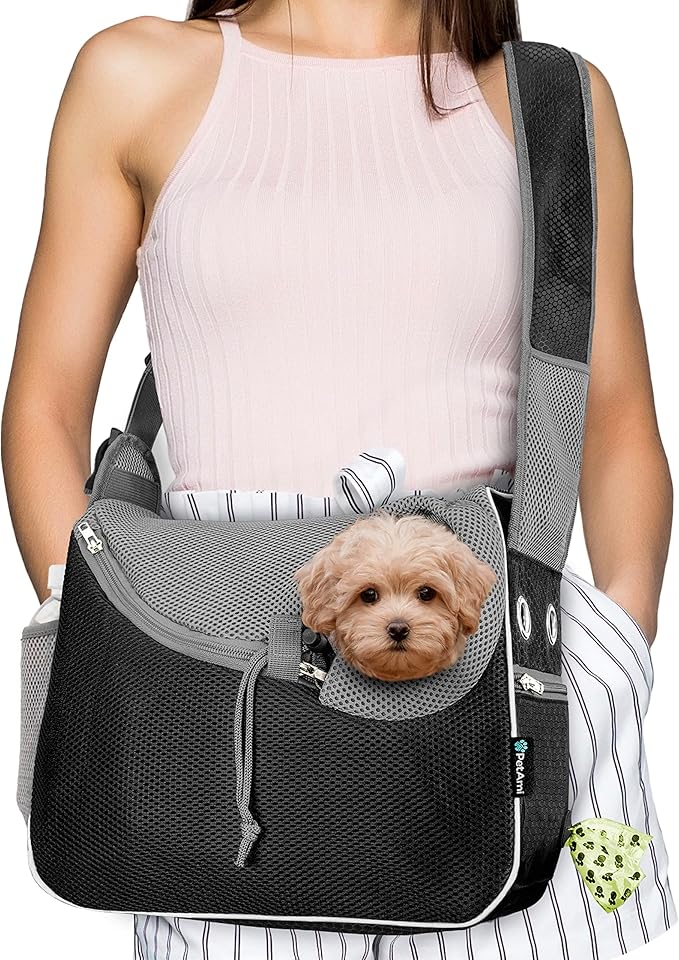 PetAmi Small Dog Sling Carrier, Soft-Sided Crossbody Puppy Carrying Purse Bag, Adjustable Sling Pet Pouch to Wear Medium Dog Cat Travel, Dog Bag for Traveling, Poop Bag Dispenser, Max 10 lbs, Black