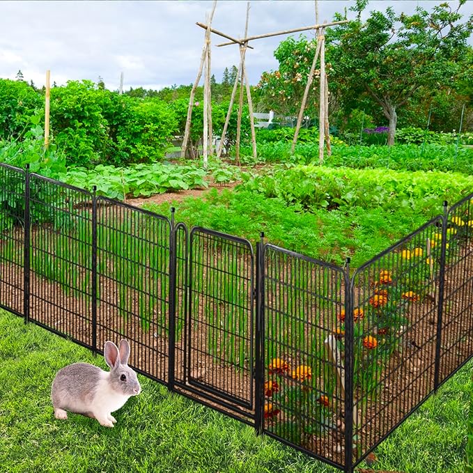Tall Garden Fence, 52in(H) 10 Panels Total 22.1 Ft(L), Garden Fences and Borders for Dogs, Gate 21 inches Wide with Low Sills. Garden Animal Barrier, Flower Bed Fencing, Black Fencing for Dogs
