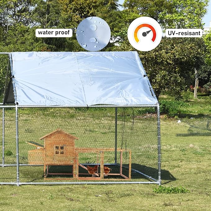 1.26’’ Large Metal Chicken Coop Walk in, Chicken Pen for Chickens, Outdoor Chicken Runs Coops Dog Kennel, Spire Roofed Chicken Runs for Yard with Anti-Ultraviolet Cover (9.8’Lx26.2’Wx6.4’H)