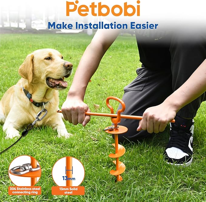Petbobi Heavy Duty Dog Tie Out Cable and Stake - 40FT Steel Wire Dog Leads for Large Dogs Up to 300lbs, Anti Rust Spiral Stake with Strong Leash & 360° Swivel Hooks - Ideal for Yard, Outdoor & Camping
