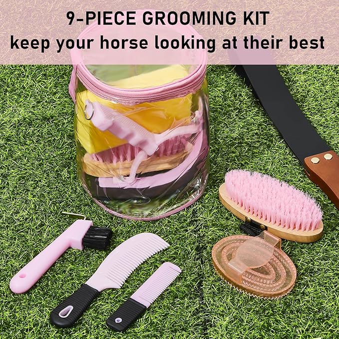 9 Pieces Horse Grooming Kit Tack Room Supplies Set with Organizer Tote Bag, Oval Massage Curry, Hard and Soft Brush, Hoof Pick, Sweat Scraper, Bathing Sponge, Combs for Horse Riders Beginners (Pink)