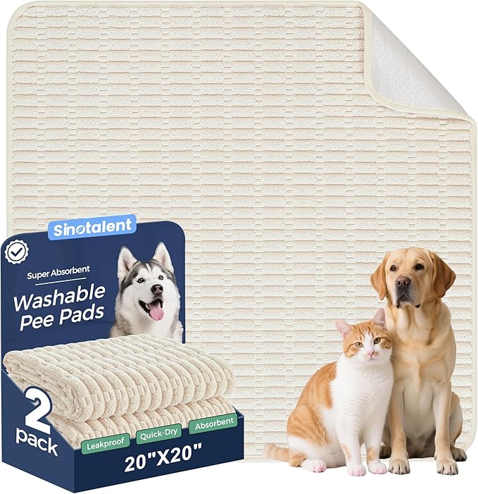Washable Pee Pads for Dogs, 2 Pack Reusable Puppy Pads Dog Pads, Non-Slip Dog Pee Pads, Leakproof Pet Pee Pads Wee Wee Pads for Dogs. (Cream White, 20"x20"(Pack of 2))